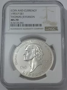 1993 P $ 1 NGC MS70 THOMAS JEFFERSON 90 % SILBER GEDENKMÜNZE & WÄHRUNGSSET - Bild 1 von 3