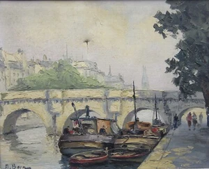 "Pintura al óleo firmada del puente del río París escena callejera Albert Bern 14x16"" enmarcada" - Imagen 1 de 19