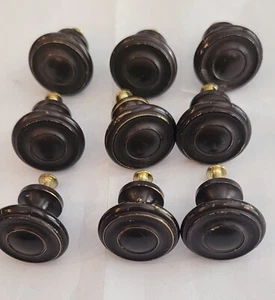 SETOF 9 ROUND DARK BROWN CABINET KNOBS Wirh Gold Trim ,  1"x1". with Screws  - Picture 1 of 4