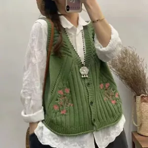 Damen Bestickt Weste Strickjacke Pullover Tank Top Retro Weste Gestrickt - Bild 1 von 10