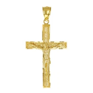 14k Yellow Gold Diamond Cut Leaf Pattern Jesus Cross Crucifix Pendant 1.7" 3.3g - Picture 1 of 4