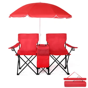 Foldable Picnic Beach Camping Double Chair+Umbrella Table Cooler Fishing Fold Up - Picture 1 of 8