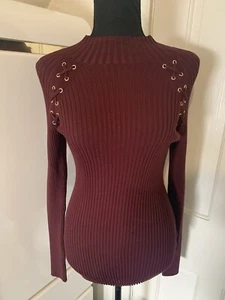 Inc Lace Up Women T-Neck Longsleeve Ribbed Shirt Burgundy Size XS New W/Tags - Picture 1 of 6