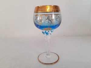 Murano Goblet Wine Glass Italian Art Glass Crystal Blue & Gold Handmade Goblet - Picture 1 of 21