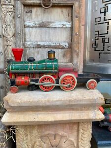 Antique Old Tin Litho Mechanical Wind up Train Engine With Bogi Tin Toy