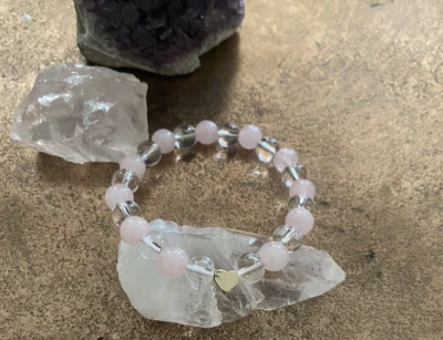 Pulseras/Cuarzo Rosa Hechas a Mano y Cuarzo Transparente con Corazón Chapado en Oro 14K Foto 1 de 4
