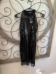 International Concepts Women’s Petite Black Sequin Dress Size S-M With Fringe - Picture 1 of 5