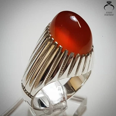 Elegant Red Yemeni Aqeeq Ring Natural Agate For Men’s 925 Jewelry - Image 1 of 4