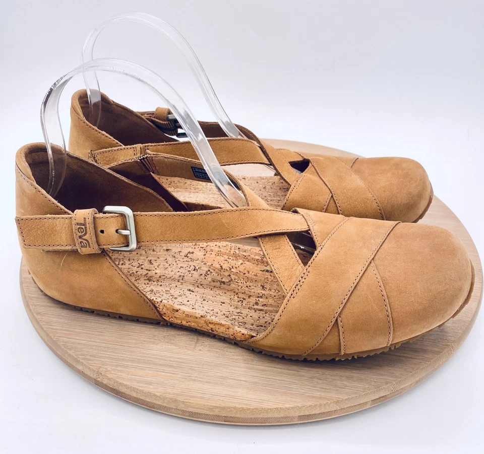 Teva Mahonia Sandals Womens 10 Tan Leather Criss Cross Strap Flats Buckle - Image 1 of 4
