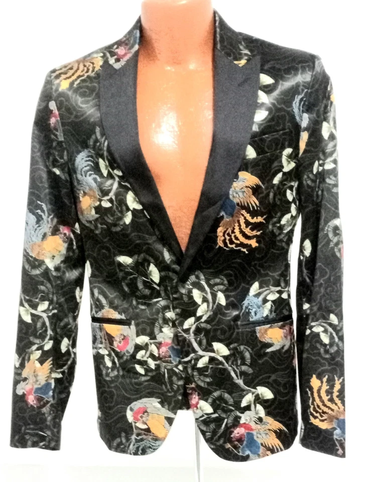 ZARA MEN'S TAILORED FIT PHOENIX BIRD BLACK SATIN BLAZER JACKET SUIT SIZE SMALL - Image 1 of 4