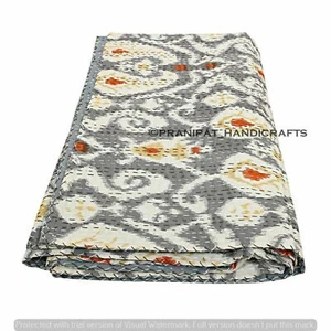 Queen Ikat Print Summer Gray Boho Kantha Quilt Cotton Throw Dorm D?cor Blanket - Picture 1 of 5