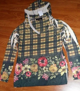 *B.L.E.U. KNIT TOP SHIRT SIZE M BEADED HOOD  GREEN YELLOW BEIGE PLAID FLORAL NWT - Picture 1 of 1