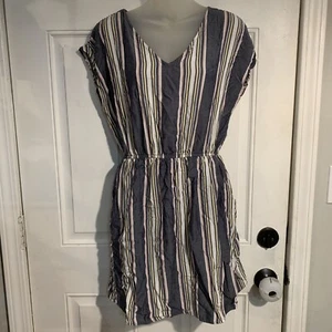Pink Rose Stripe Casual Sunday Dress With 2 Side Pockets Size Small Gray White - Picture 1 of 9