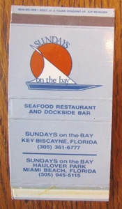 AMERICAN ACE MATCHBOX COVER: SUNDAYS ON THE BAY MIAMI BEACH KEY BISCAYNE FL -A15 - Picture 1 of 1