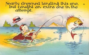 Vintage Comic Postkarte: Fast ertrunkene Landung dieser. - Bild 1 von 2