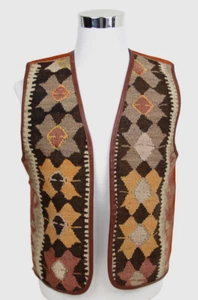 VTG Native American Brown Leather Suede Kilim Wool Carpet Reversible Vest Sz 10 - Picture 1 of 13