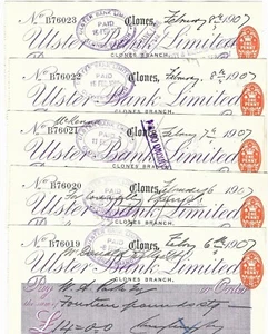CHEQUES.  5 CHEQUES BANCARIOS ULSTER CONSECTIVOS, Co. MONAGHAN. 1907.  (LOTE 37) - Imagen 1 de 1