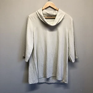 Cowl Neck Linen Blend Top Womens Small Beige Crochet Detail Minimalism Flax - Picture 1 of 13