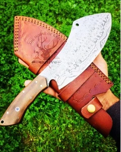 Cuchillo de carnicero de acero de Damasco 7 pulgadas hecho a mano con funda de cuero - Imagen 1 de 11