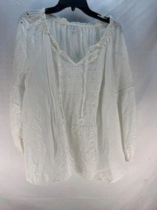 Old Navy White Eyelet Peasant Top 2X Plus Smocked Ruched Boho Cotton Blouse - Picture 1 of 8