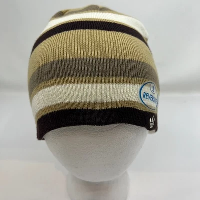 ADIDAS Reversible Beanie Hat Striped Cream Brown Black Trefoil Logo One Size New - Image 1 of 4