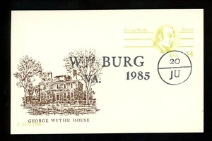 US FDC #UX108 Unknown 1985 Williamsburg VA George Wythe Patriot Card Unofficial - Picture 1 of 2