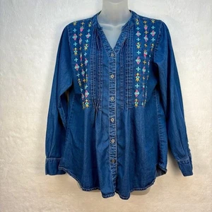 Vintage Denim bestickt Boho Plissee Tunika Oberteil Button Down Langarm Gr. M - Bild 1 von 9
