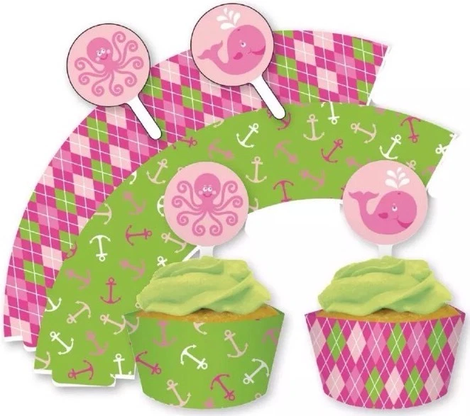 Ocean Preppy Girl Cupcake Wrappers With Toppers (12 Ct Wraps + 12 Toppers) Pink - Image 1 of 1