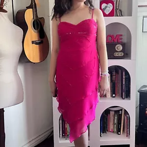 Abito midi vintage Sue Wong rosa con volant e perline in seta taglia 8 anni 90 Y2K fata sera - Foto 1 di 10