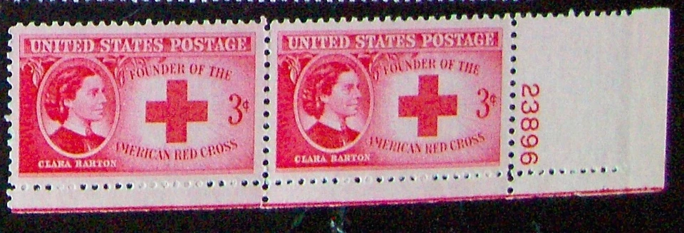 US 3¢ stamp SC #967 American Red Cross Clara Barton MNH 1948 pair w/ plate numbe - Image 1 of 1