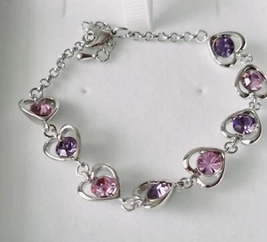 Swarovski  Element Purple Heart Shaped Crystal Rhodium Plated Women Bracelet - Picture 1 of 10