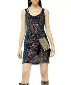 NWT Topshop Sparkly Colorful Sequins on Black Mini Dress Scoop Neck Party size 6 - Picture 1 of 12