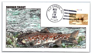 Moscas de pesca de trucha marrón de Estados Unidos 1991 cachet pintado a mano cubierta de primer día CL63 - Imagen 1 de 1