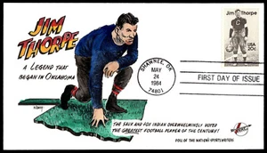 1984 FDC Jim Thorpe Oklahoma Football Legend Hand Painted Color Hunt Cachet - Picture 1 of 2