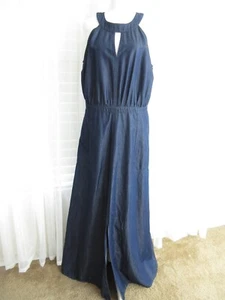New York & Co Dress Women L Navy Blue Sleeveless Pockets Cotton Sateen Maxi Long - Picture 1 of 15