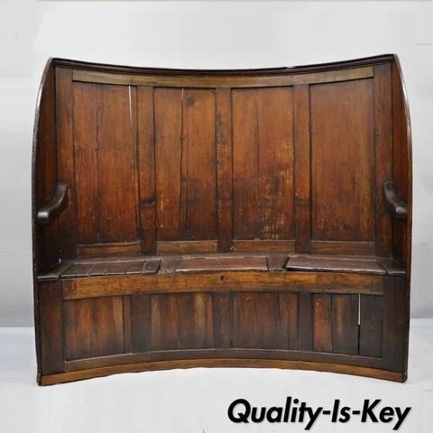 18th Century Antique High Back Curved English Pine Pub Settle Hall Storage Bench Cover