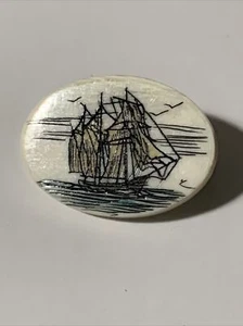 Vintage Handmade Scrimshaw Pin Broach Ocean & Ship Scene Paul Jacobs 8/20/1984 - Picture 1 of 10