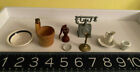 Antique German Doll House, miniature pewter +glass, wood  LARGE LOT  10 minis