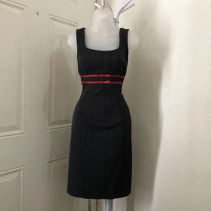 Y2K Office Siren Vixen Goth Baddie Black Pinstriped Mini Dress Red Polka Dot Bow - Picture 1 of 7
