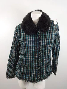 RUBY ROAD WOMENS BLACK BLUE PLAID ACRYLIC BUTTON JACKET SIZE 10 SUPER CUTE! - Picture 1 of 4