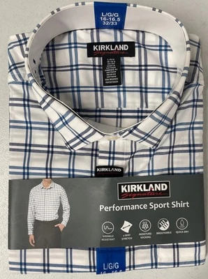 Kirkland Signature Men's Performance Sport Shirt LARGE 16-16.5, 32/33 BLUE/WHITE - Image 1 of 4
