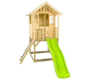 Holz Kinderspielhaus Villa mit Veranda & Rutsche Natur 137x121x140 cm - Bild 1 von 6
