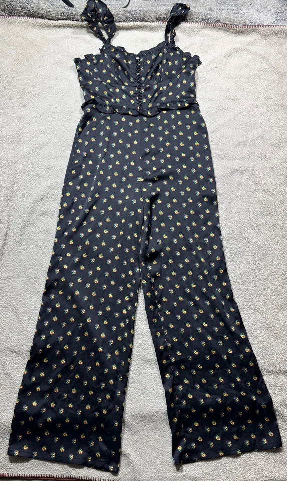 Женский комбинезон AQUA средний размер черный с цветочным узором с оборками ремешок широкая штанина с подкладкой боковая молния - Изображение 1 из 4