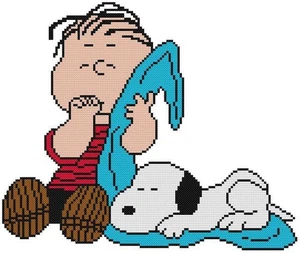 CROSS STITCH+ CRAFT PATTERN Linus Sucks Thumb Snoopy Dog Sleeps Blue Blanket - Picture 1 of 16