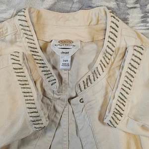 Giacca Talbots Crema Nehru Bronzo Perline Elasticizzata Donna Petite 24W Vintage Plus - Foto 1 di 9