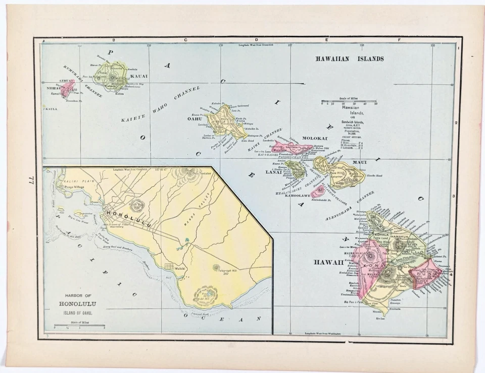 HAWAII 1899 - Mapa ORIGINAL (13x9) MAUI BIG ISLAND KAUAI OAHU Foto 1 de 4