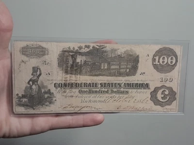 1862 Confederate $100 Richmond Note – Train Vignette Civil War Currency - Image 1 of 4