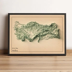 Turkey Map, Turkey 2D Relief Map, Turkey Vintage Map - 2D Flat Print - Picture 1 of 8
