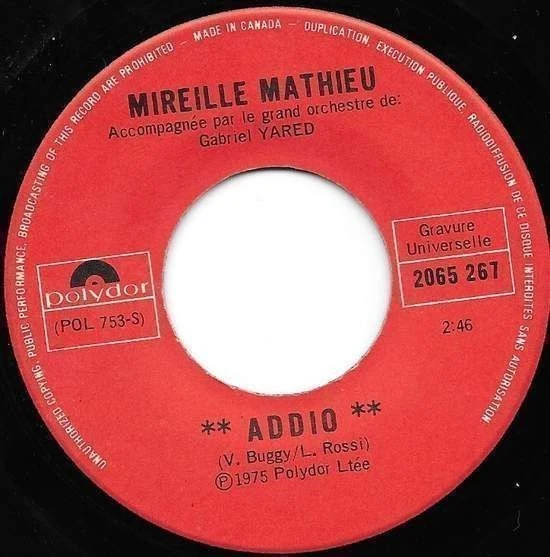 Mireille Mathieu ‎– Addio / Pour Une Marseillaise 45 Foto 1 de 1