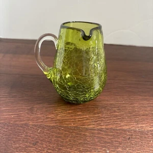 Vintage Olive Green Crackle Glass Left Handed Mini Pitcher Side Pour - Picture 1 of 7